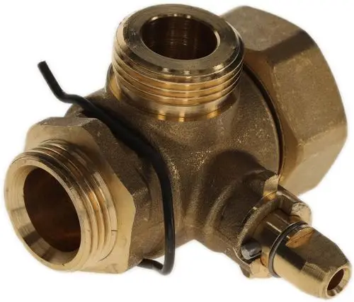BOSCH Kugelhahn aus Messing mit mehreren Anschlussgewinden und einem kleinen Anschluss für zusätzliche Funktionen. Ideal für Anwendungen im Rohrleitungssystem.